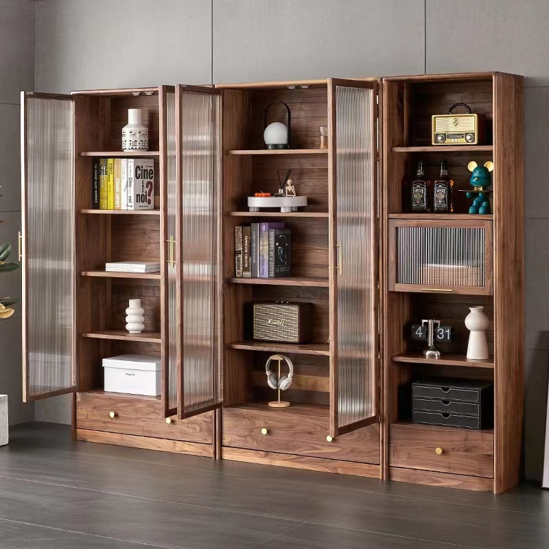黑胡桃木组合书柜玻璃门防尘实木展示柜北欧现代简约靠墙书架落地