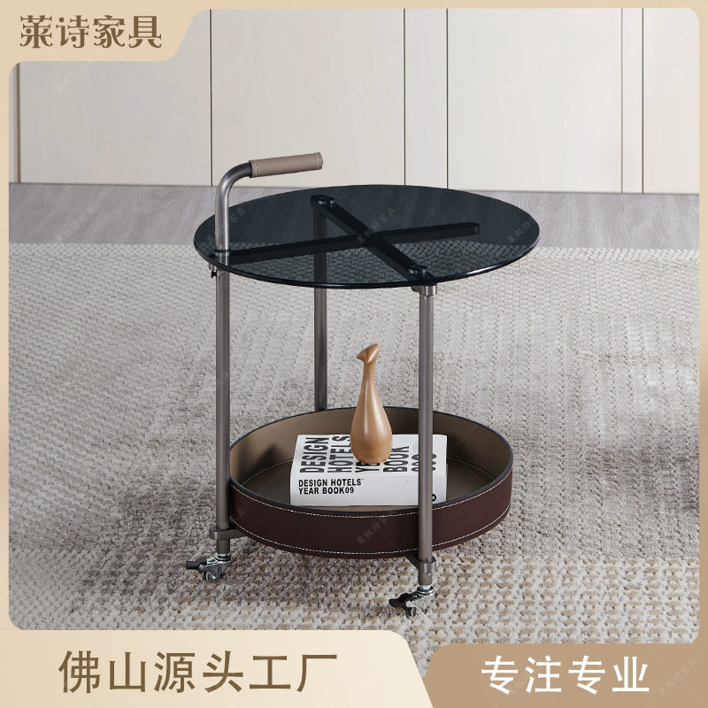 现代ins风马鞍皮边几意式轻奢钢化玻璃小茶几推拉滚轮圆形小推车