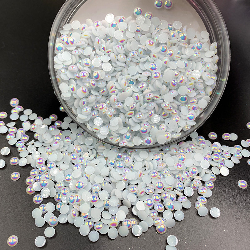 树脂幻彩珍珠美甲饰品直销平底幻彩AB钻树脂平底半面彩色珍珠