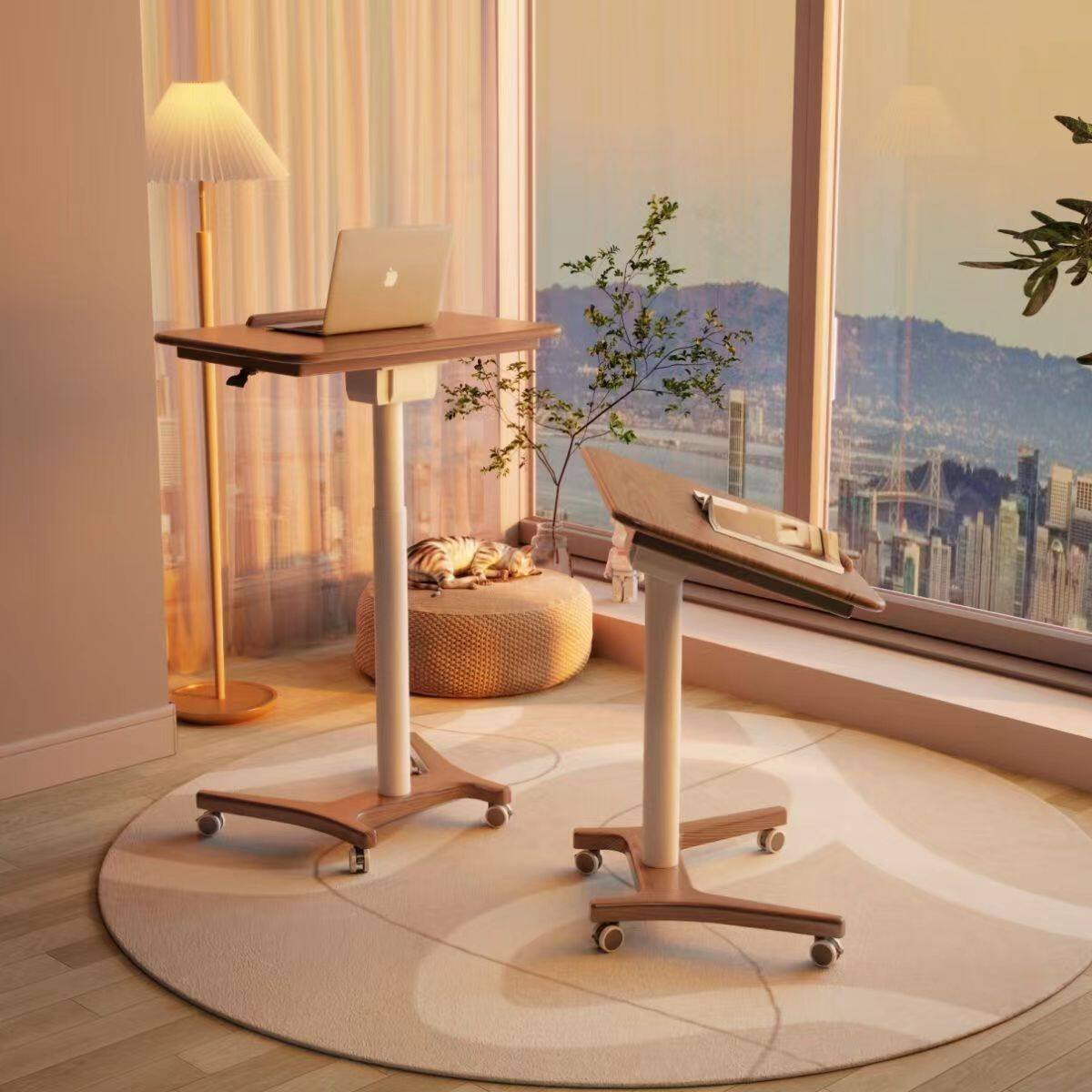 实木升降电脑桌可移动小户型办公桌家用学习桌可折叠小书桌带轮