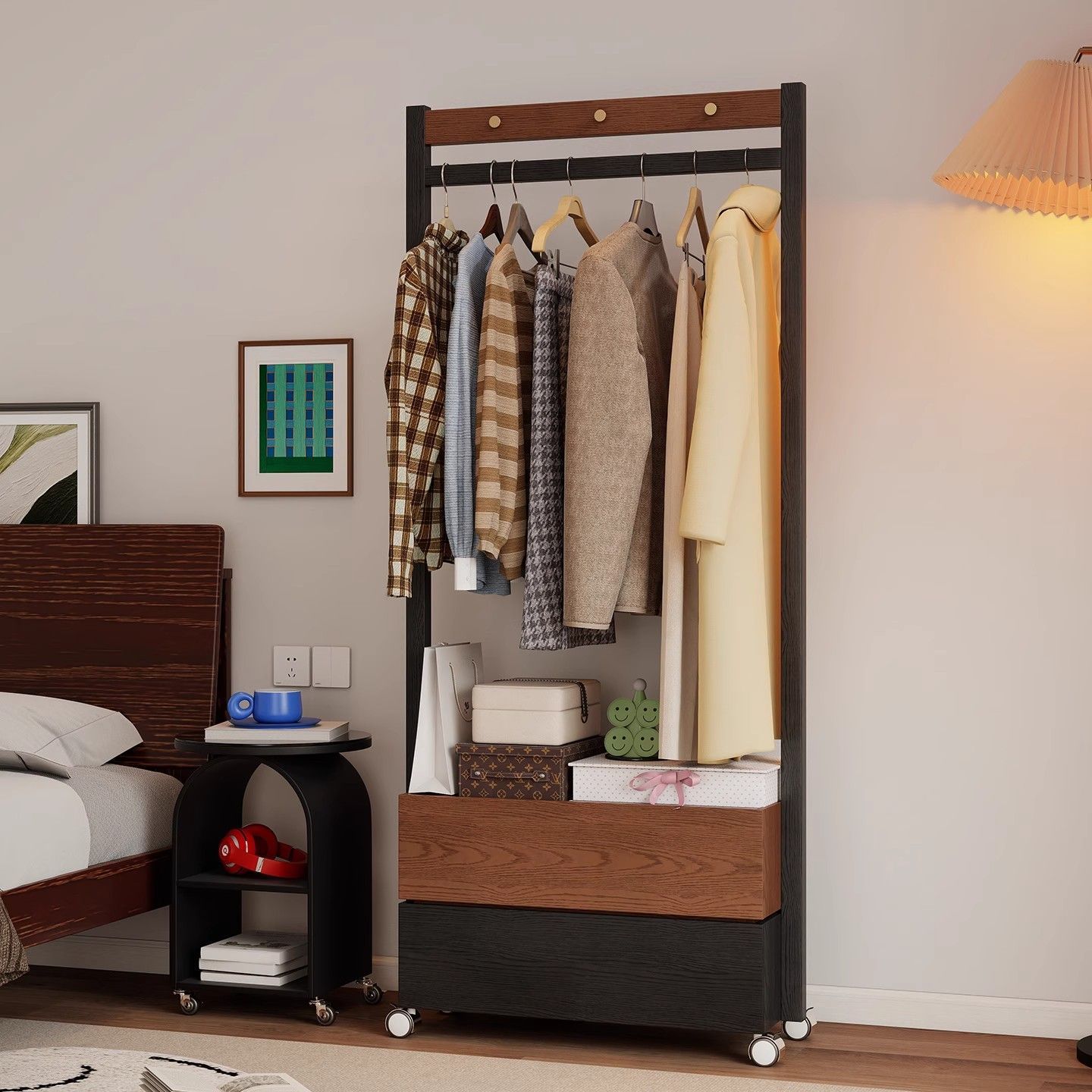 实木衣帽架落地挂衣架床头柜一体中古风可移动卧室多功能挂衣架子