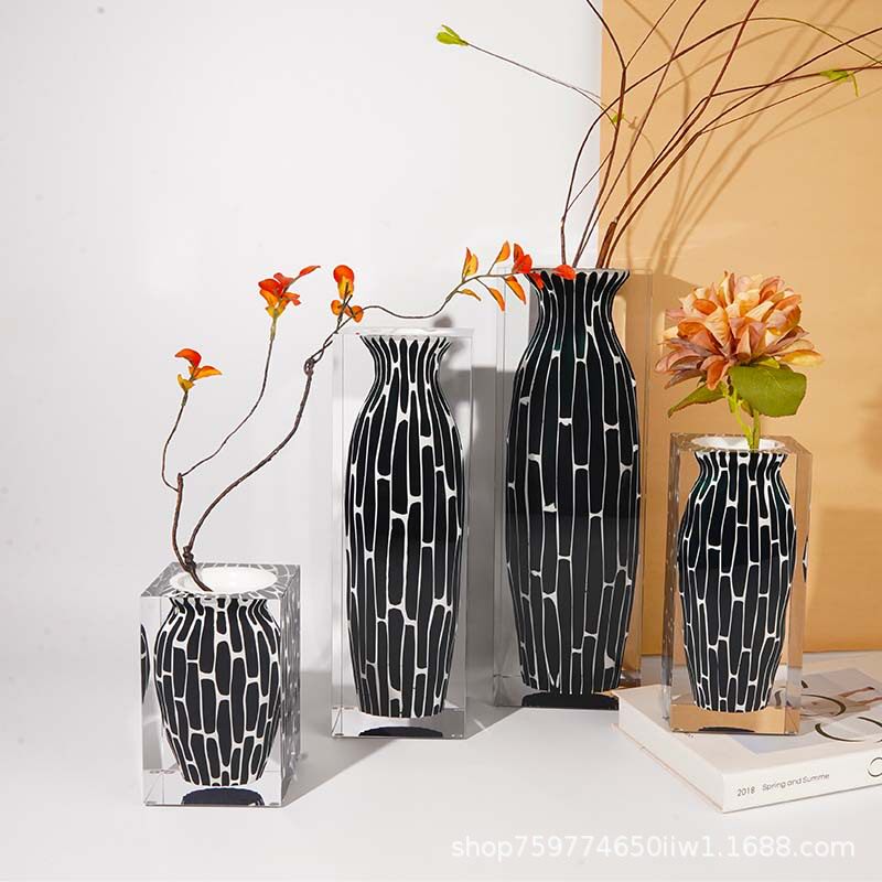 中古几何条纹树脂插花器高级感铂晶亚克力花瓶家居装饰摆件直销