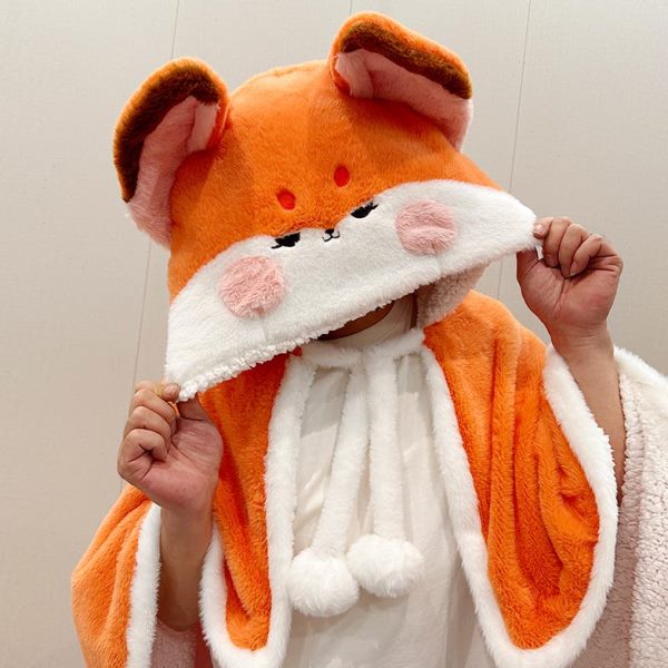 优居家冬小披肩趣披风优品冬女办公室懒人加厚可外穿 斗篷狐狸暖