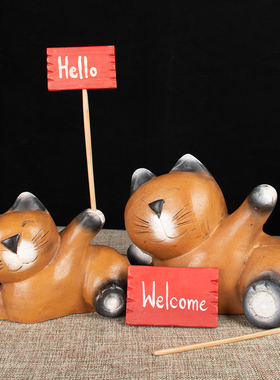 东南亚特色实木慵懒小猫摆件开业礼物礼品桌面欢迎光临装饰工艺品