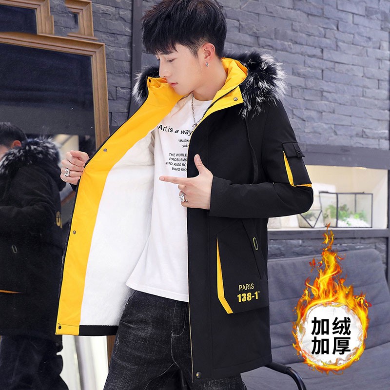 男士外套秋冬季2021新款棉袄韩版潮流棉衣加绒加厚中长款风衣棉服