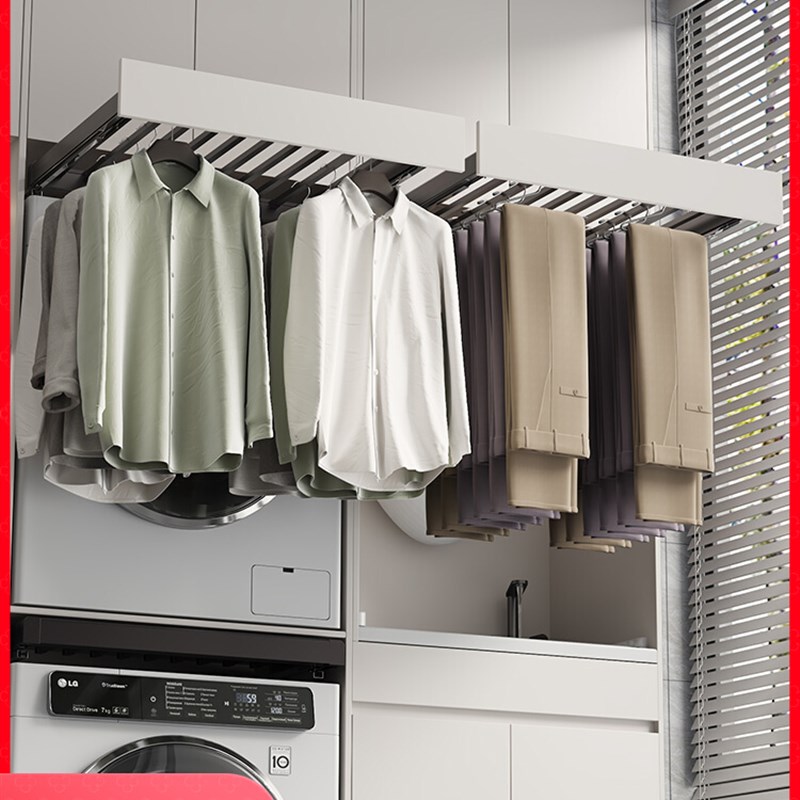 洗衣机抽拉衣f架阳台隐形隐藏式晾衣架上方裤架伸缩滑轨超薄免打