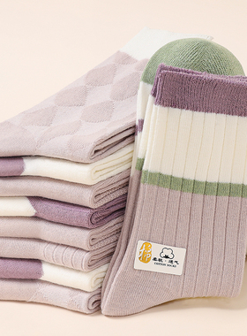 10双紫色系条纹里外双针中长筒袜子女秋季棉质纯色吸汗不臭脚条纹