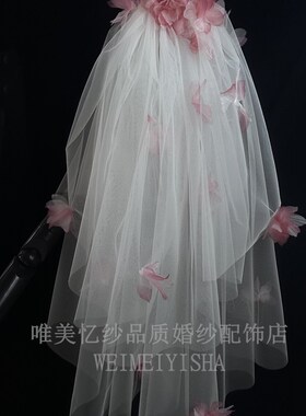 新款玫红色头纱个性时尚新娘婚纱头饰双层蓬蓬短款影楼简约配饰