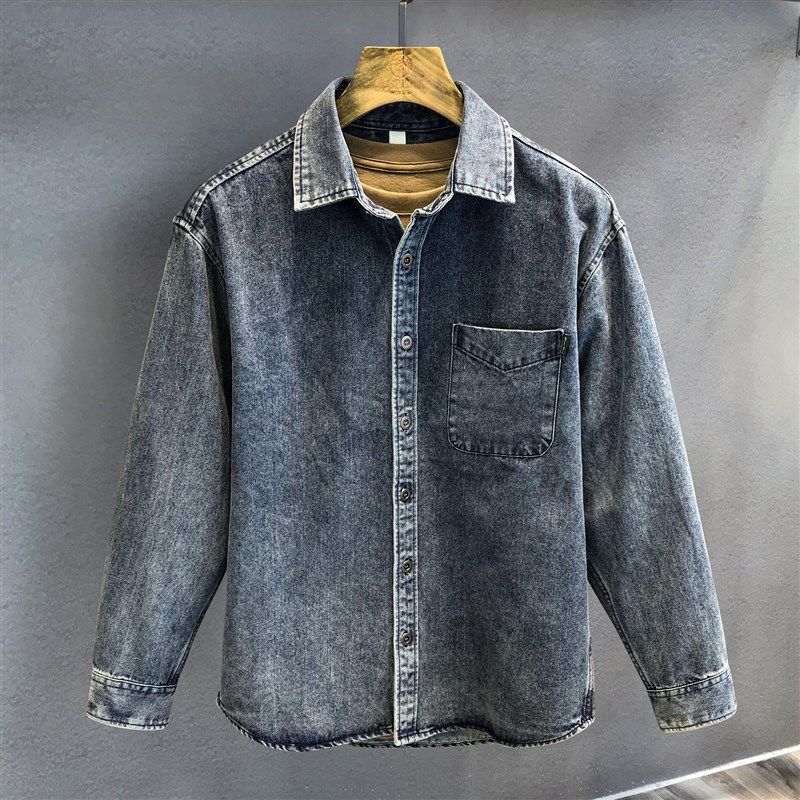 港版高端重磅做旧水洗工装牛仔衬衫男士秋季美式复古长袖衬衫外套,男装,牛仔衬衫,淘宝优惠券,粉丝福利购,淘宝优惠卷