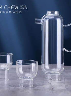 现代轻奢一壶两杯极简风透明玻璃冷水壶水杯 茶几玄关陈列软装饰