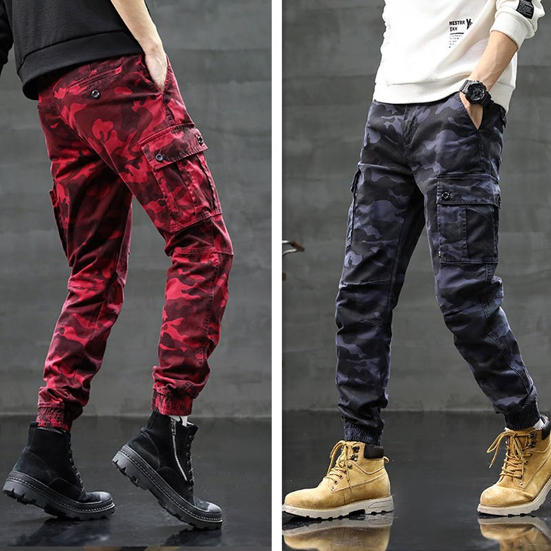 春季男士彩色休闲裤迷彩工装裤美式风红色纯棉束脚多口袋长裤子潮