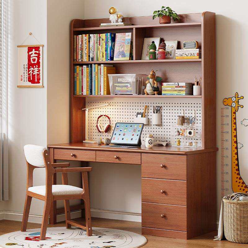 实木书桌书架一体带抽屉洞洞板卧室书房家用学生学习桌办公电脑桌