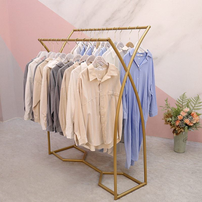 金色中岛架双排架中间货架双杠侧衣帽架简约服装店落地网红展示架
