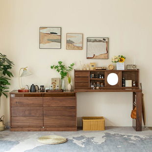 2026黑胡桃实木斗柜梳妆台一体书桌收纳床尾柜简约卧室可移动隔断