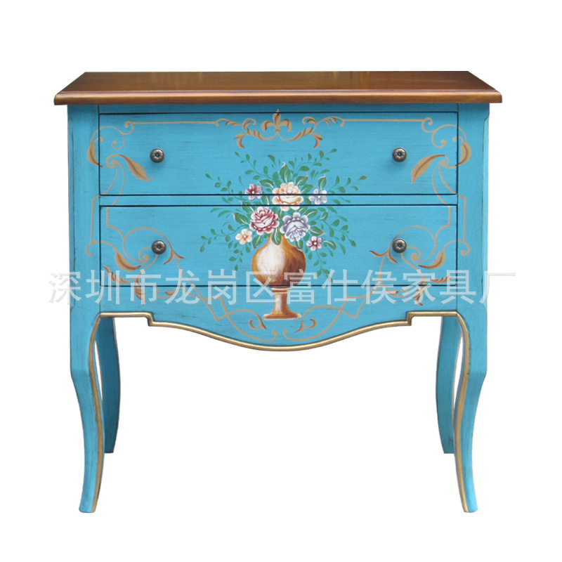 地中海复古蓝色手绘斗柜卧室储物柜美式两抽屉橱子出口家具厂批发