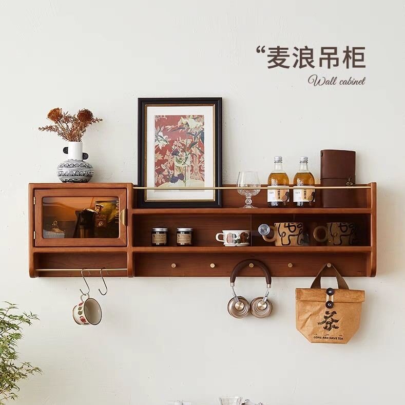 实木中古风吊柜墙上置物架挂墙杯子柜北欧厨房壁柜悬浮餐边柜酒柜