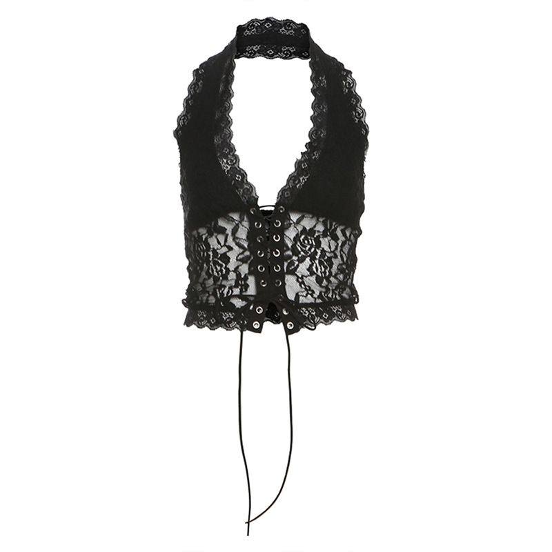 欧美2025春季新款女装纯欲辣妹蕾丝花边设计V领透视无袖短款上衣,女装/女士精品,背心吊带,淘宝优惠券,粉丝福利购,淘宝优惠卷