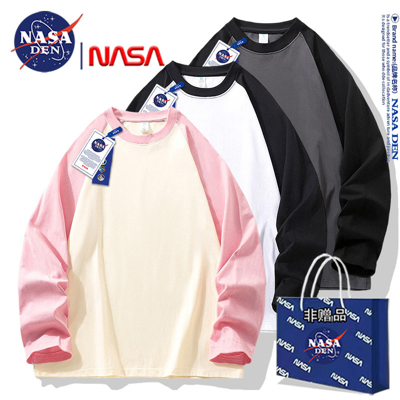 NASA联名美式重磅纯棉插肩长袖T恤男女款2026年春秋季简约拼接衫,男装,T恤,淘宝优惠券,粉丝福利购,淘宝优惠卷