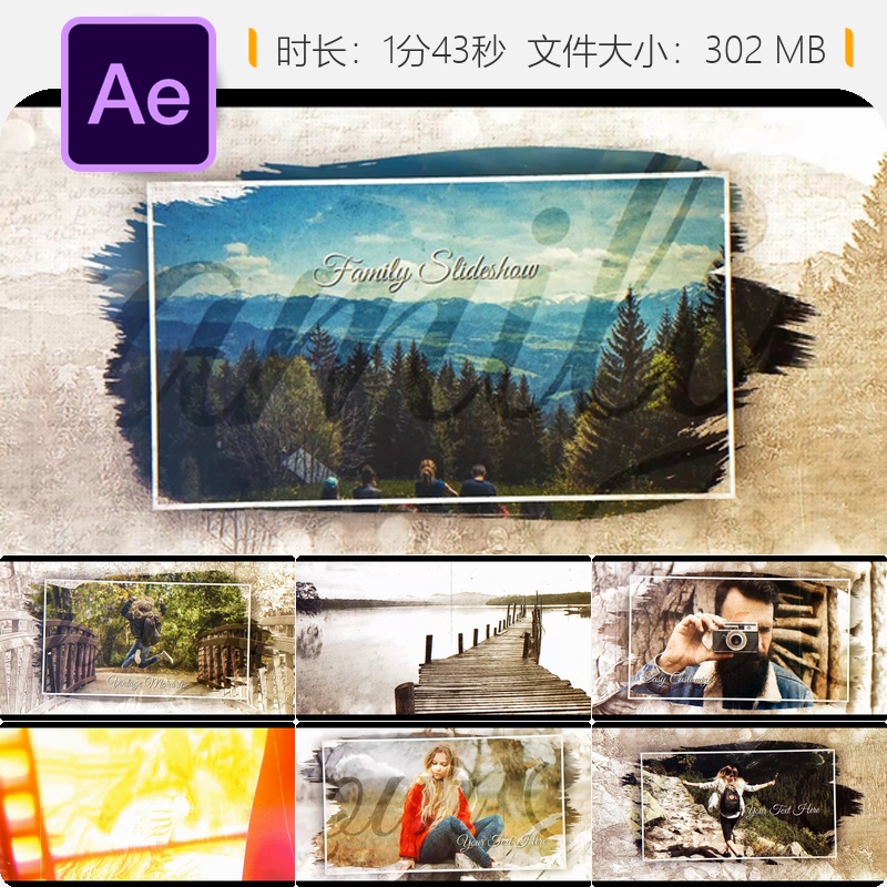 复古记忆相册开场AE模板手绘笔刷温馨怀旧风格视频制作素材包