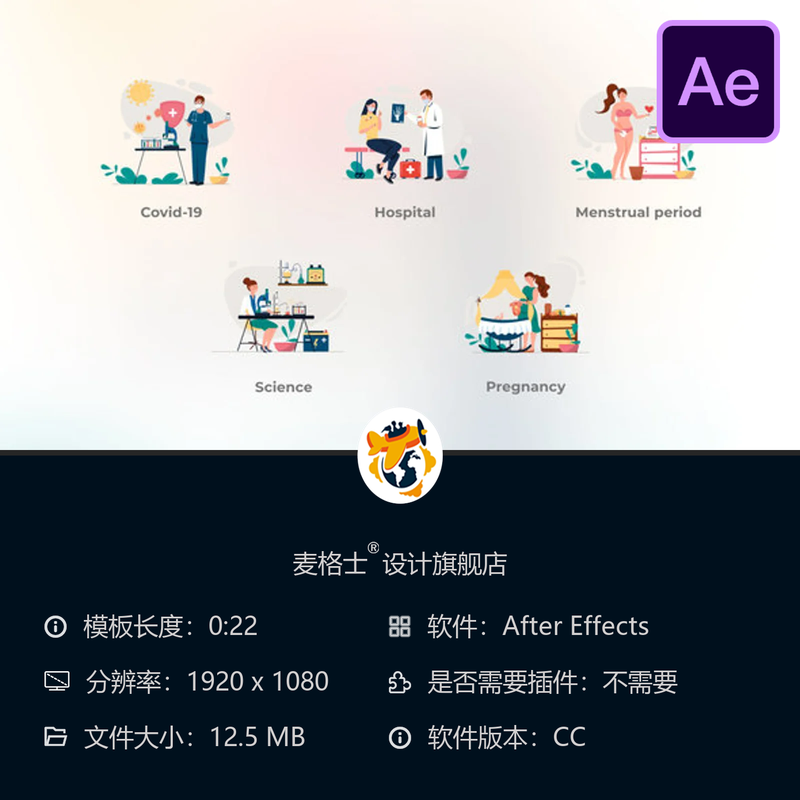 医院主题AE模板扁平动画医疗设施疾病护理循环演示JSON格式特效
