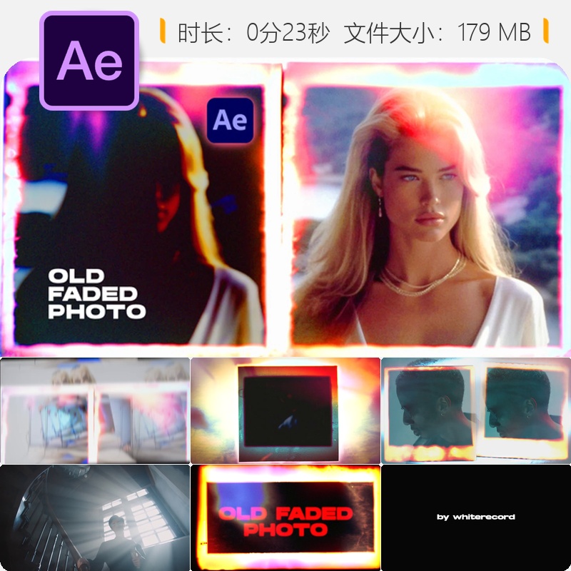 老照片褪色转场AE模板复古故障电影胶片特效怀旧instax风格素材