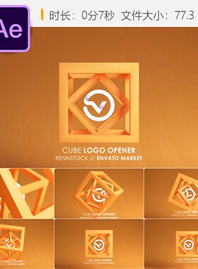 橙色立方体LOGO动画AE模板抽象企业开场标志特效三维立体设计