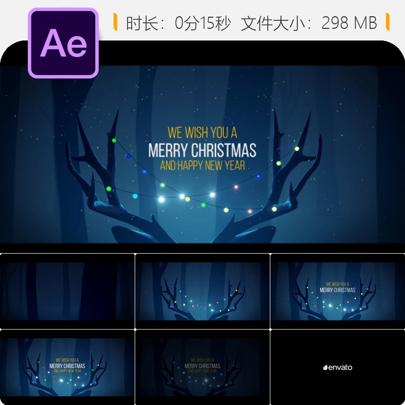 圣诞麋鹿AE模板节日贺卡LOGO动画雪景森林新年片头4K光效视频