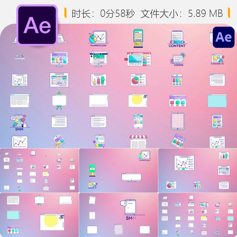 AE模板信息图表动画界面屏幕设备数字元素2D彩色平面设计风格