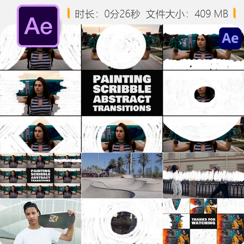AE模板涂鸦抽象过渡动画手绘笔刷几何图案艺术效果视频素材包
