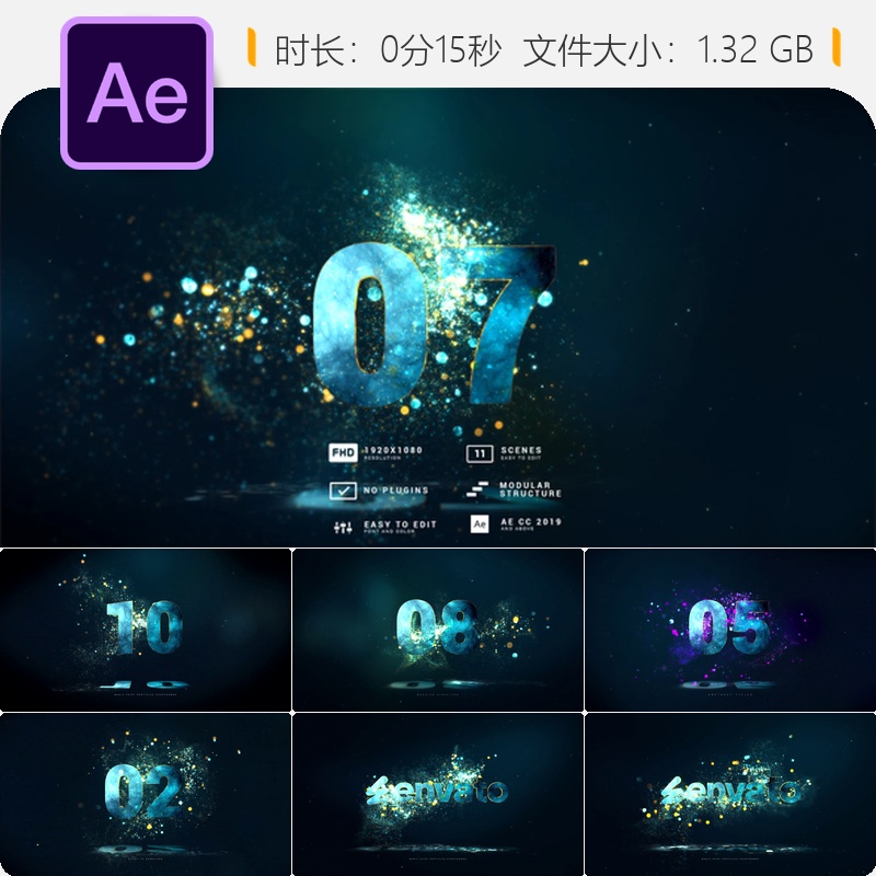 魔法仙女粒子倒计时片头AE模板金色光效圣诞新年梦幻奢华特效