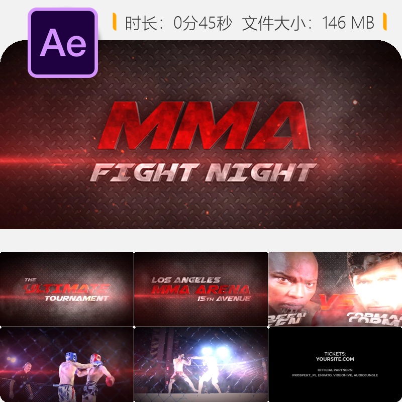 格斗运动AE模板UFC拳击开场动作片头视频4K高清震撼特效包装设计