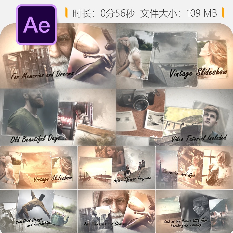 复古婚礼电影AE模板经典怀旧开场片头4K老式电影胶片质感展示