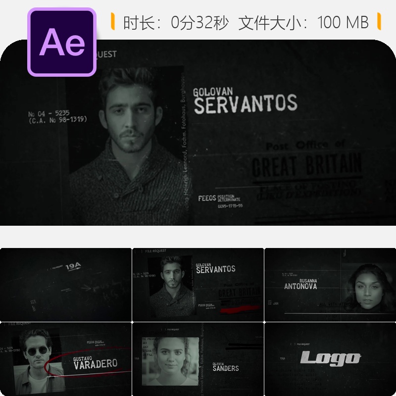 黑白军事犯罪侦探政治相册AE片头开场视频模板素材免费下载