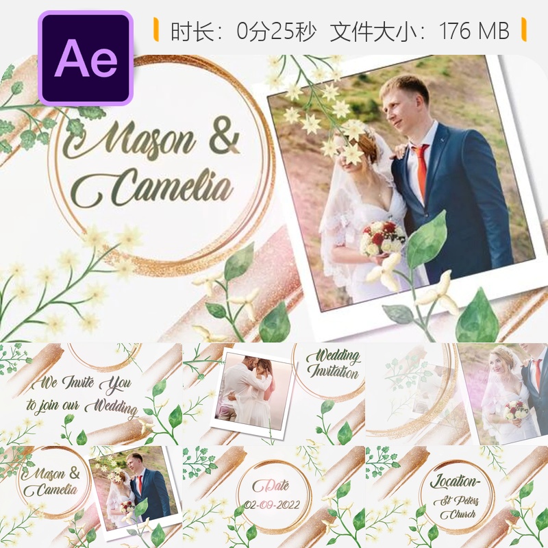 自然花卉手绘婚礼邀请函竖版AE模板优雅新娘开场片头动画垂直