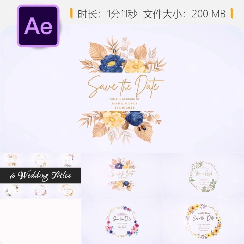 印度婚礼浪漫开场AE模板花朵徽章动画4K片头爱情电影元素合集