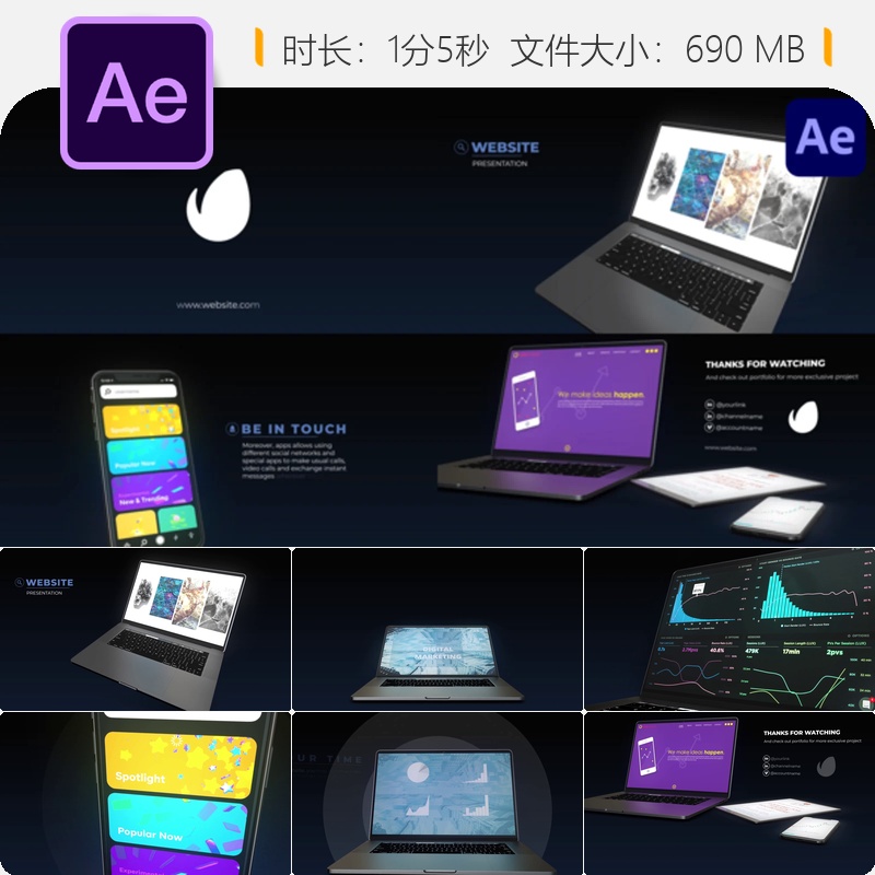 AE模板数字艺术3D画廊动画未来科技数据卡片合集网络展示效果