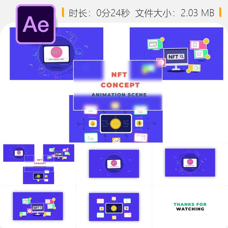 NFT概念动画AE模板区块链加密货币角色动画场景数字艺术设计元素