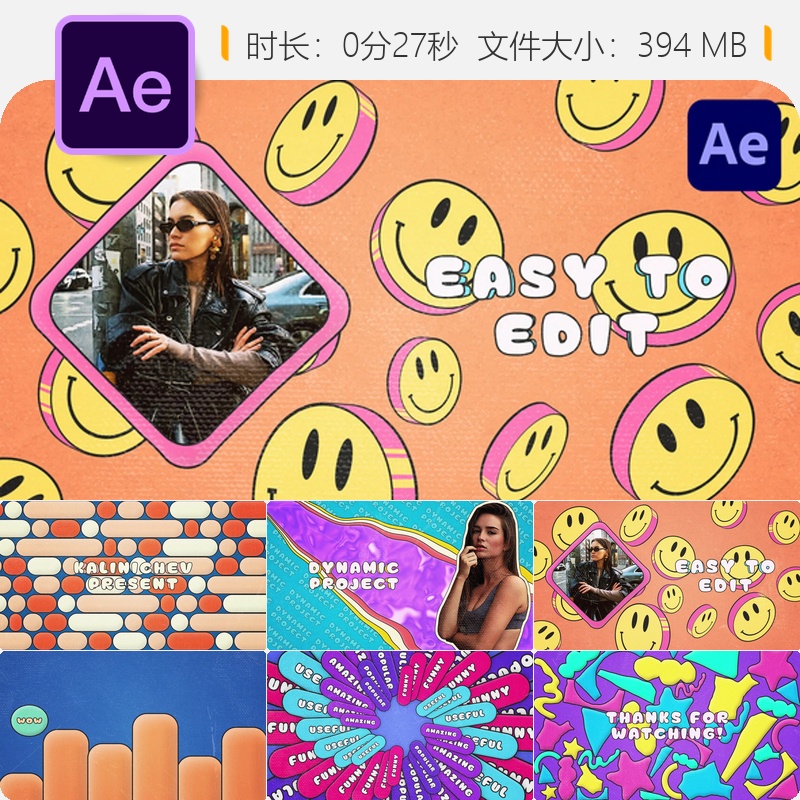 抽象卡通手绘动态AE片头模板创意儿童漫画风格3D趣味开场动画