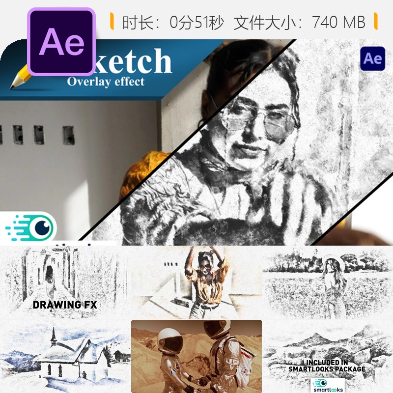 AE模板手绘素描效果蓝图风格动画视频素材铅笔插图白色背景设计