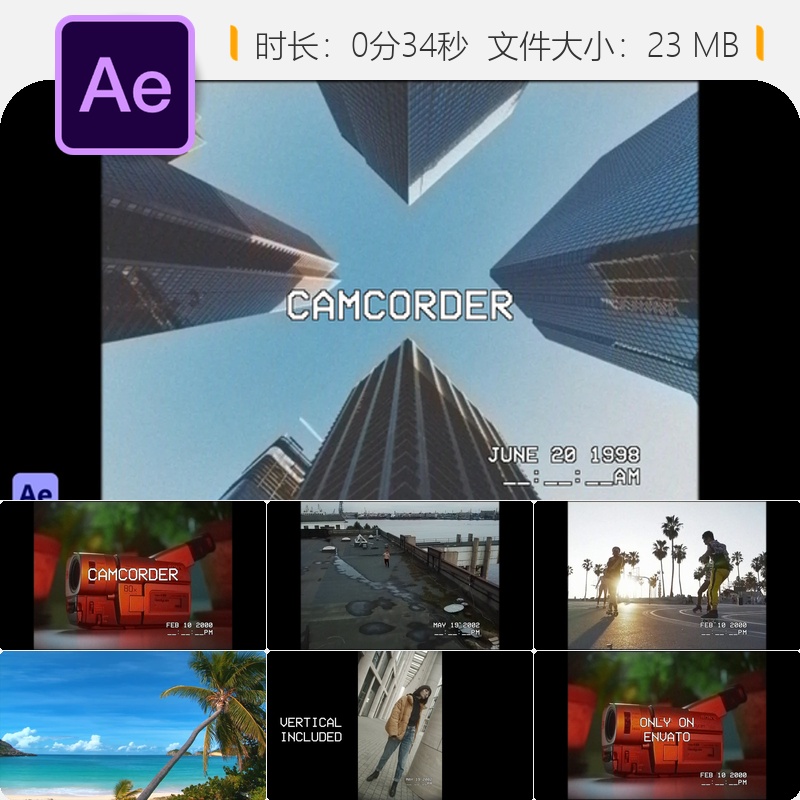 复古VHS手持摄像机AE模板4K分辨率老式电视效果视频叠加转场特效