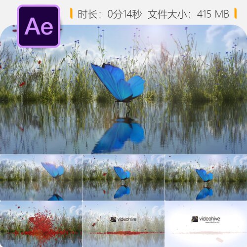 蝴蝶飞舞LOGO动画AE模板自然光效绿叶阳光春天元素4K高清视频
