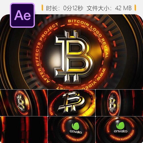 比特币AE模板金色区块链加密货币LOGO动画4K片头金融数据货币