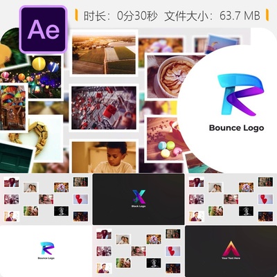 马赛克照片画廊LOGO动画AE模板4K多图像相册展示开场片头效果