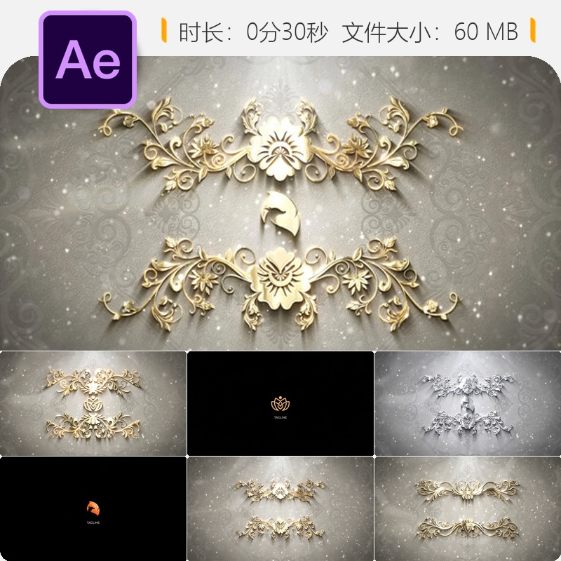 奢华金色复古徽标AE模板优雅花卉装饰LOGO动画浪漫爱情婚礼主题