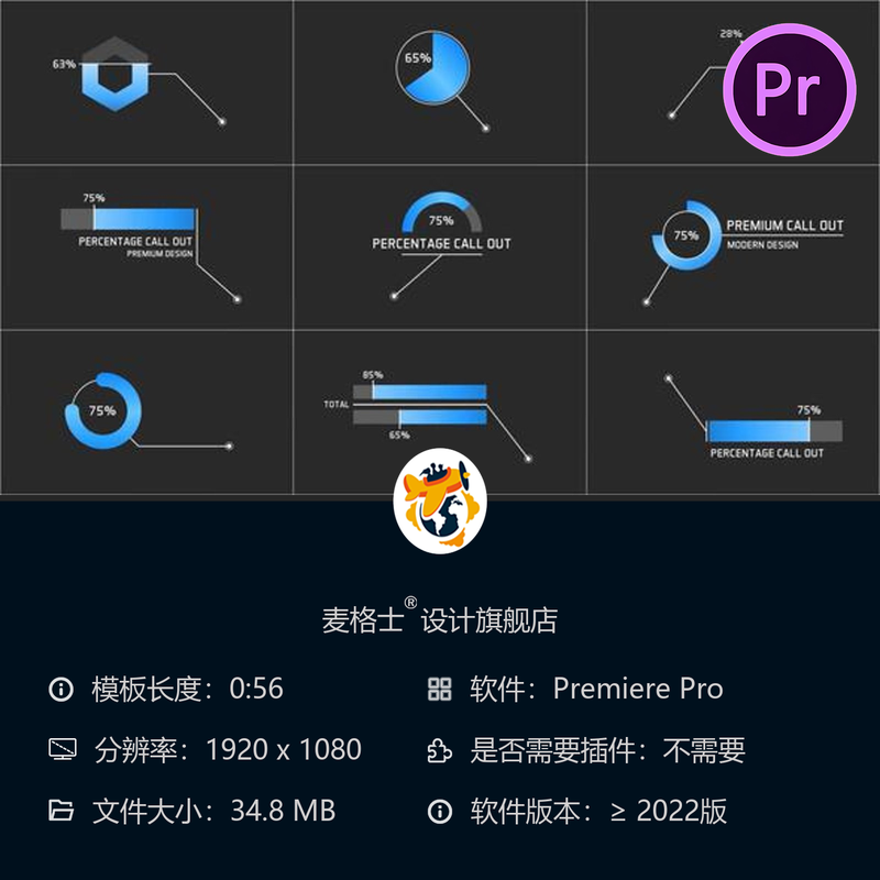 百分比数据动态图表PR模板 圆形图标企业信息图条状统计动画效果