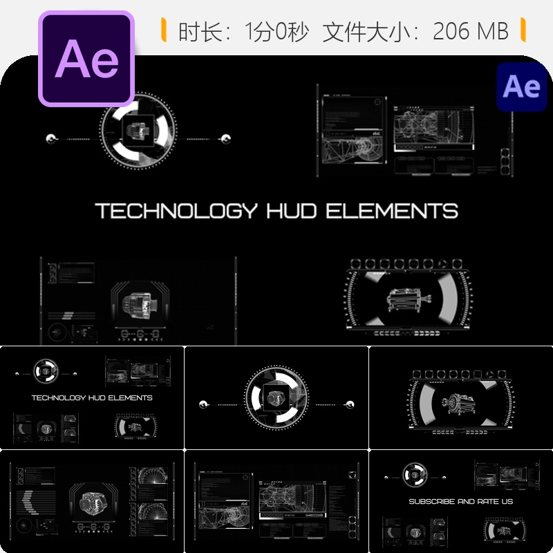 未来科技HUD界面AE模板赛博朋克数据控制面板几何元素特效素材