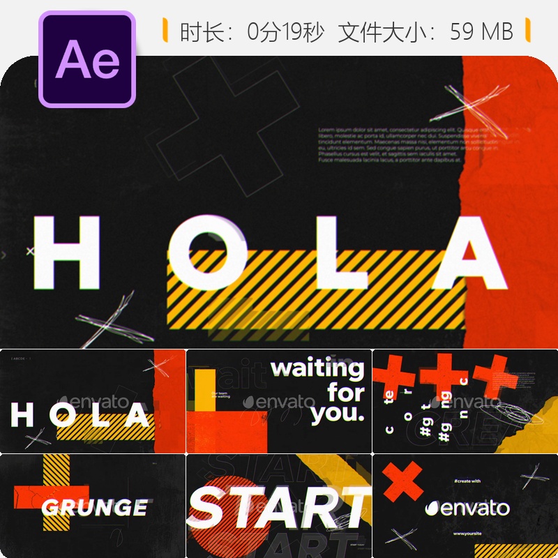 AE模板动态文字开场简洁排版故障风格4K简约平面设计动画效果