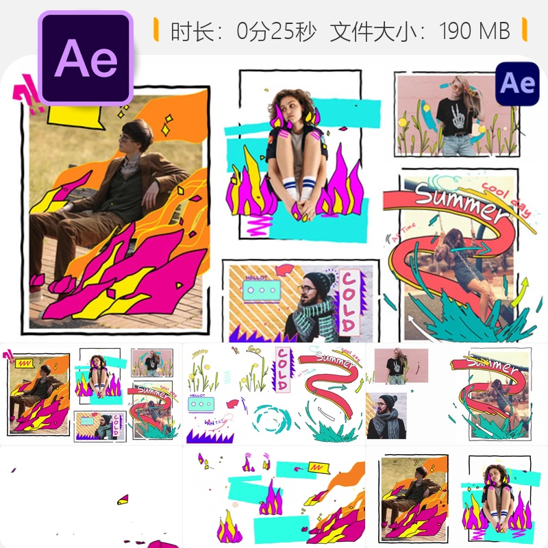 AE模板动画照片插图构造器广播卡通火焰流体社交媒体风格文字特效