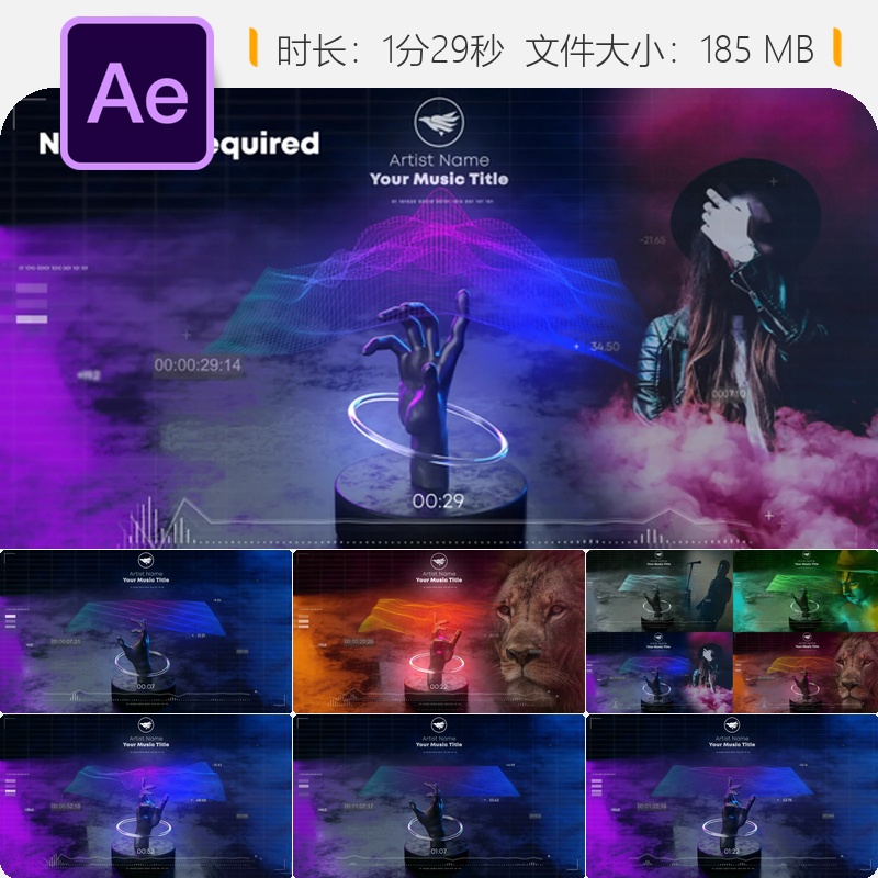 AE模板手部音乐可视化音频反应3D未来科技风格视频展示效果模板