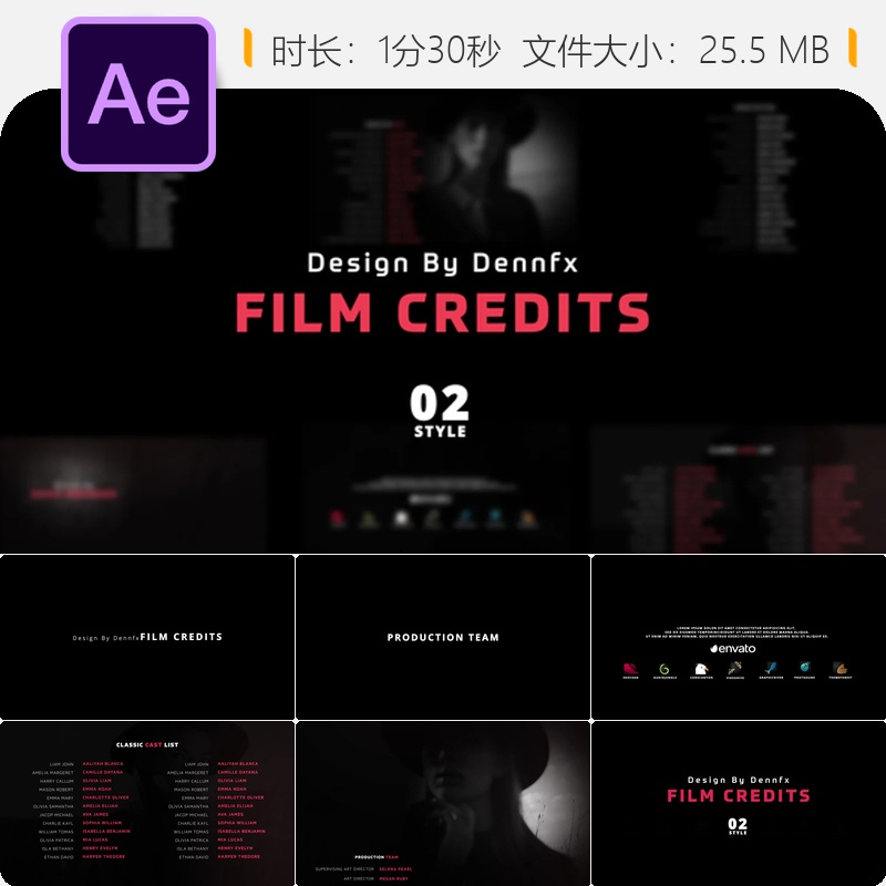 电影片尾滚动字幕AE模板电影片尾演职员表动画电影片尾制作模板